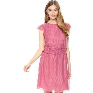 Ella Moon Mauve Pink Swiss Dot Overlay Smocked Ruffle Waist Dress Size Medium